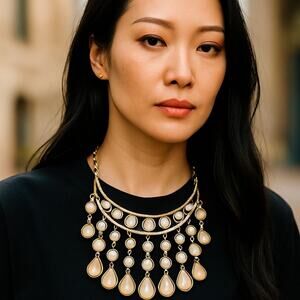 Lucky Brand Gold Tone Golden Beige Faceted Stone Collar Bib Necklace NEW NWT $79